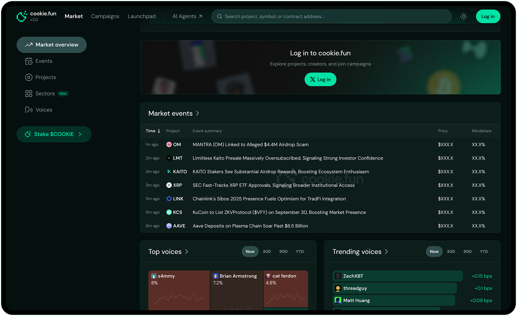 Main homepage (Market events)
